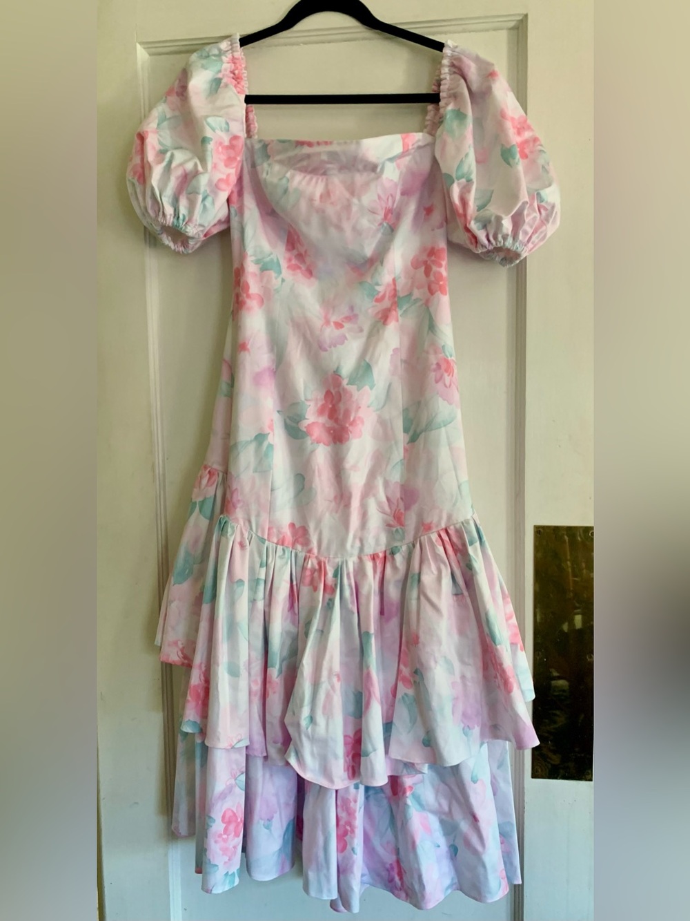 Vintage Floral 80s Dress Drop Waist Small ? Pastels Homemade ? Bow Layers Tiers